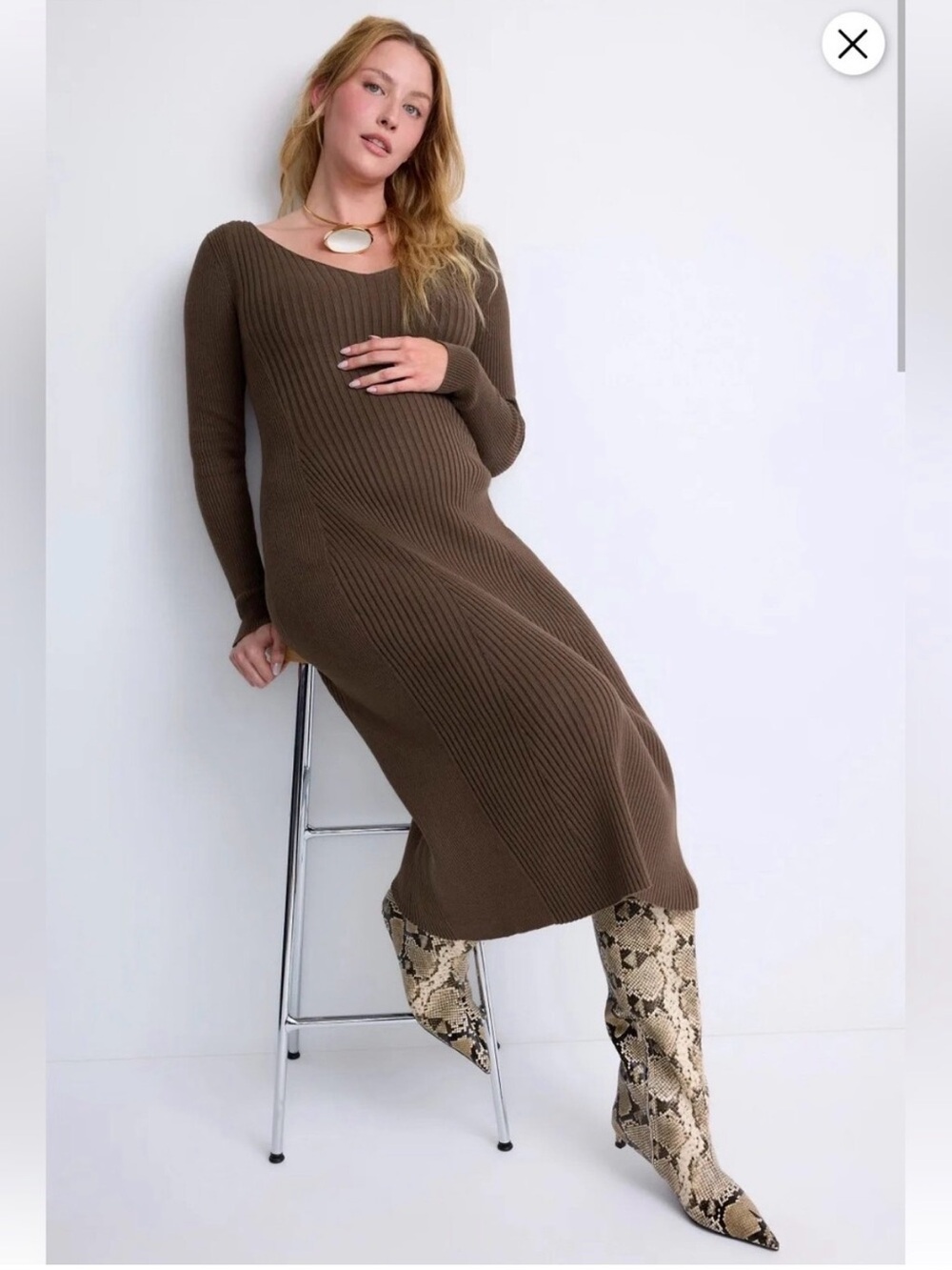 Hatch Chocolate Brown Ribbed Long-Sleeve Midi Dress